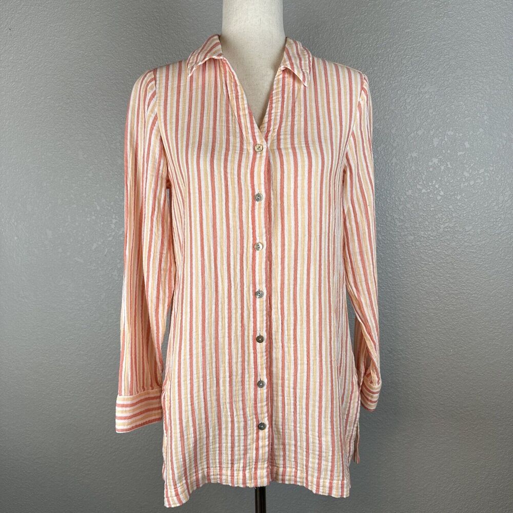 Soft Surroundings Escambia Gauze Tunic Shirt Size XS Orange White Stripe Cotton